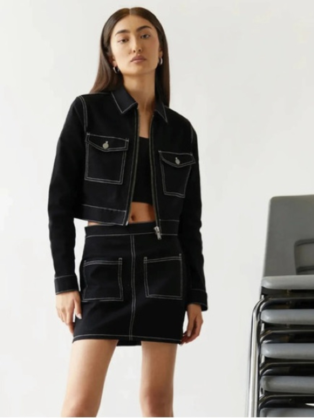 Oak and Fort Black Mini Skirt with White Contrast Stitching Sz 6